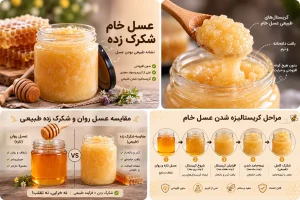 نمای نزدیک از کریستال های طبیعی عسل خام روی قاشق